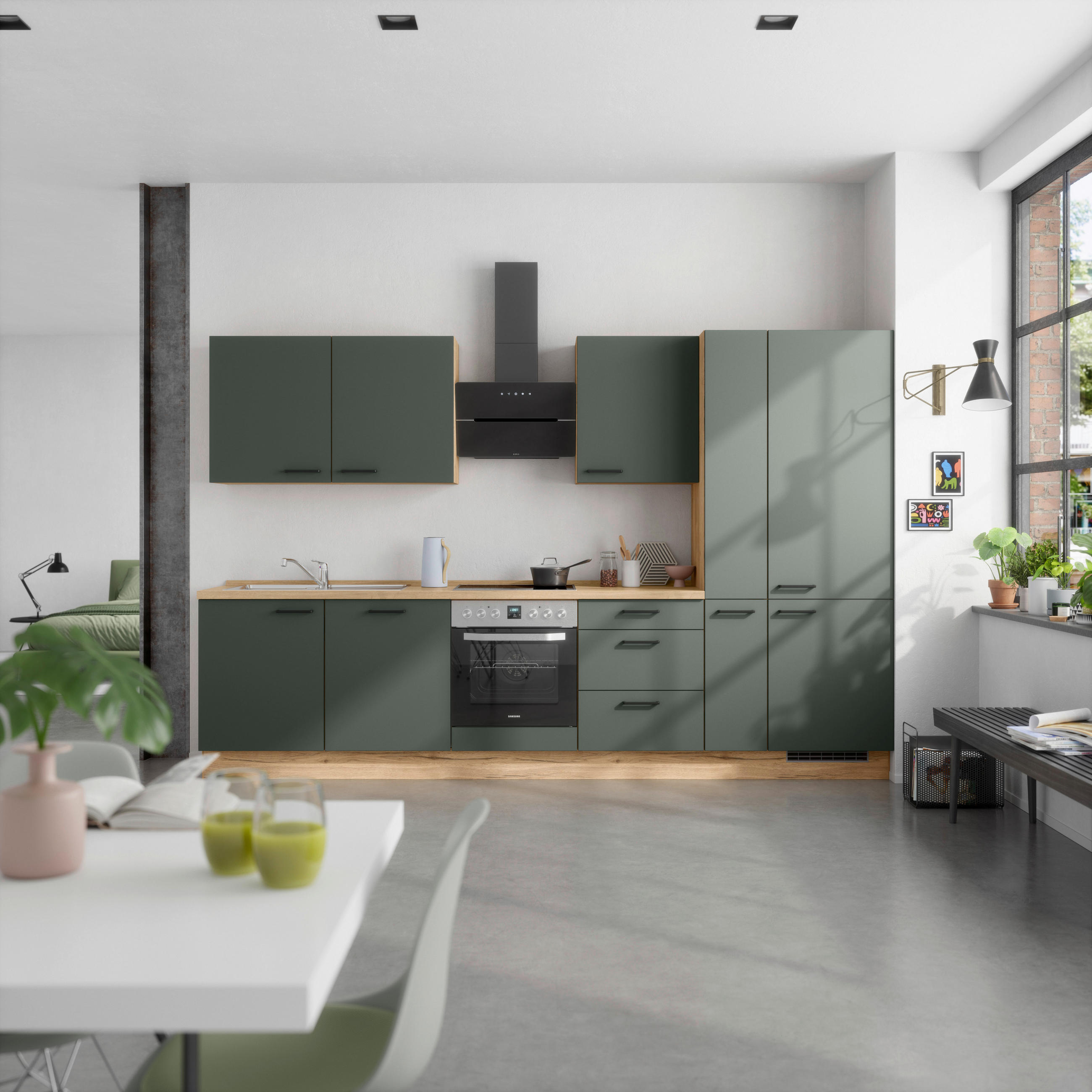 KÜCHENBLOCK 330 cm   in Eichefarben, Dunkelgrün  - Dunkelgrün/Eichefarben, MODERN, Holzwerkstoff/Metall (330cm) - Nobilia