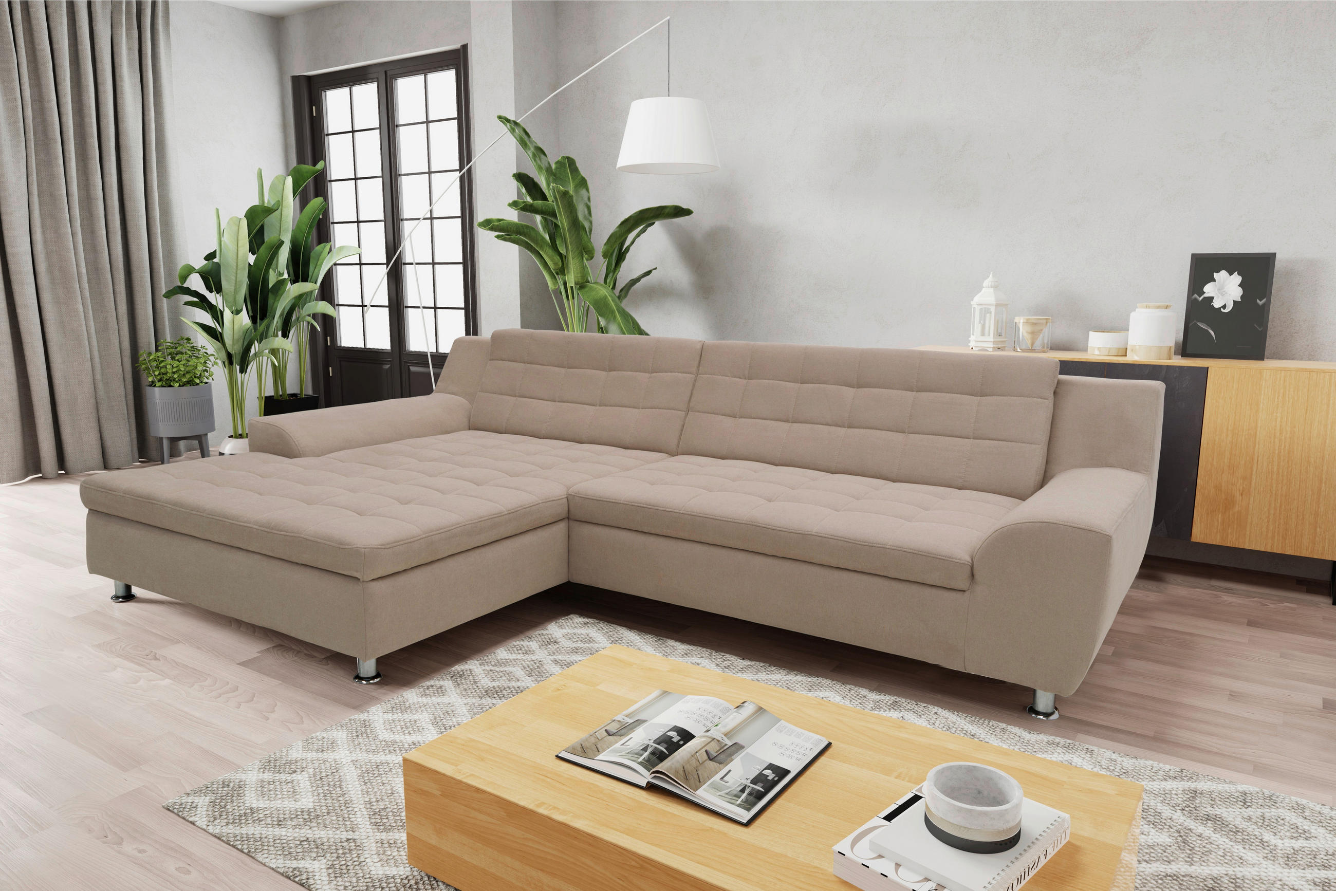 ECKSCHLAFSOFA  MORTON Taupe Mikrofaser  - Taupe/Chromfarben, MODERN, Textil/Metall (200/304cm) - MID.YOU