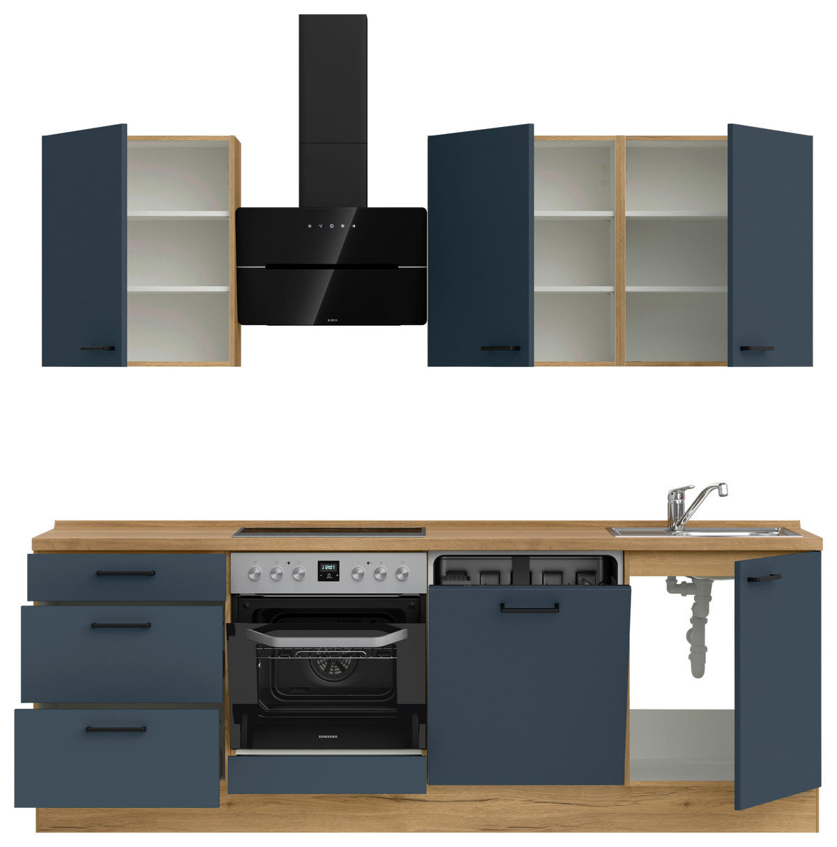 KÜCHENBLOCK Easytouch 240 cm  in Eichefarben, Dunkelblau  - Eichefarben/Schwarz, MODERN, Holzwerkstoff/Metall (240cm) - Nobilia