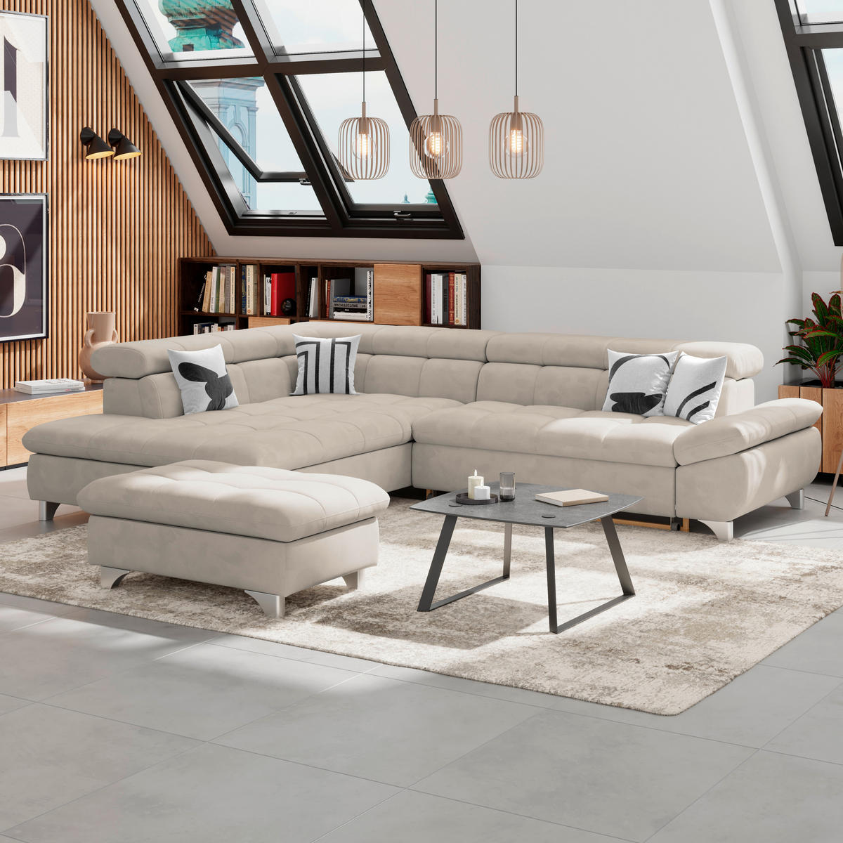 ECKSOFA Naturfarben Chenille  - Chromfarben/Naturfarben, KONVENTIONELL, Textil/Metall (234/312cm) - Livetastic