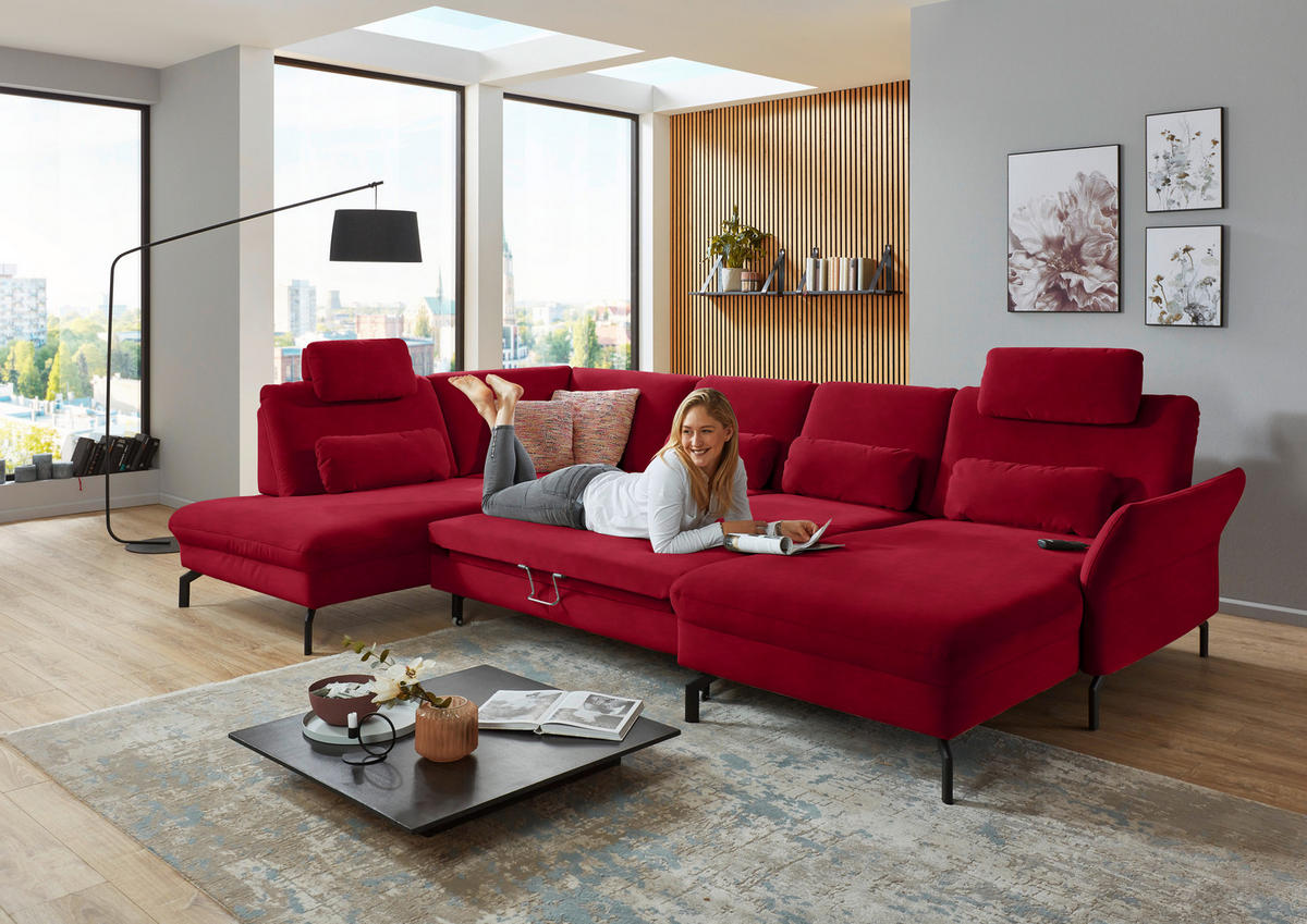 WOHNLANDSCHAFT in Velours Rot  - Rot/Schwarz, Design, Textil/Metall (220/335/179cm) - Beldomo System