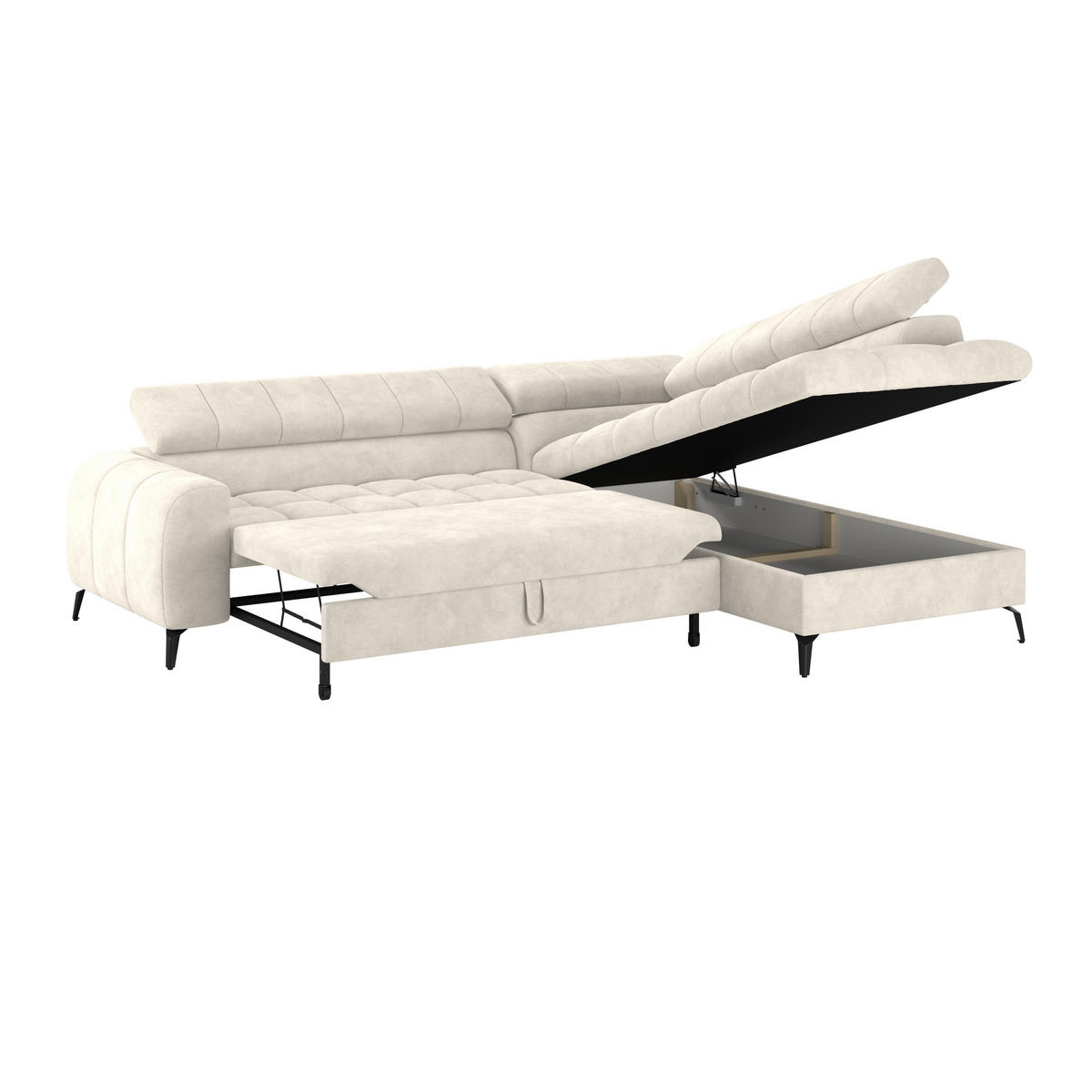 ECKSOFA Creme Bettkasten, Rücken echt, Kopfteilverstellung  - Creme/Schwarz, Trend, Kunststoff/Textil (261/203cm) - Livetastic