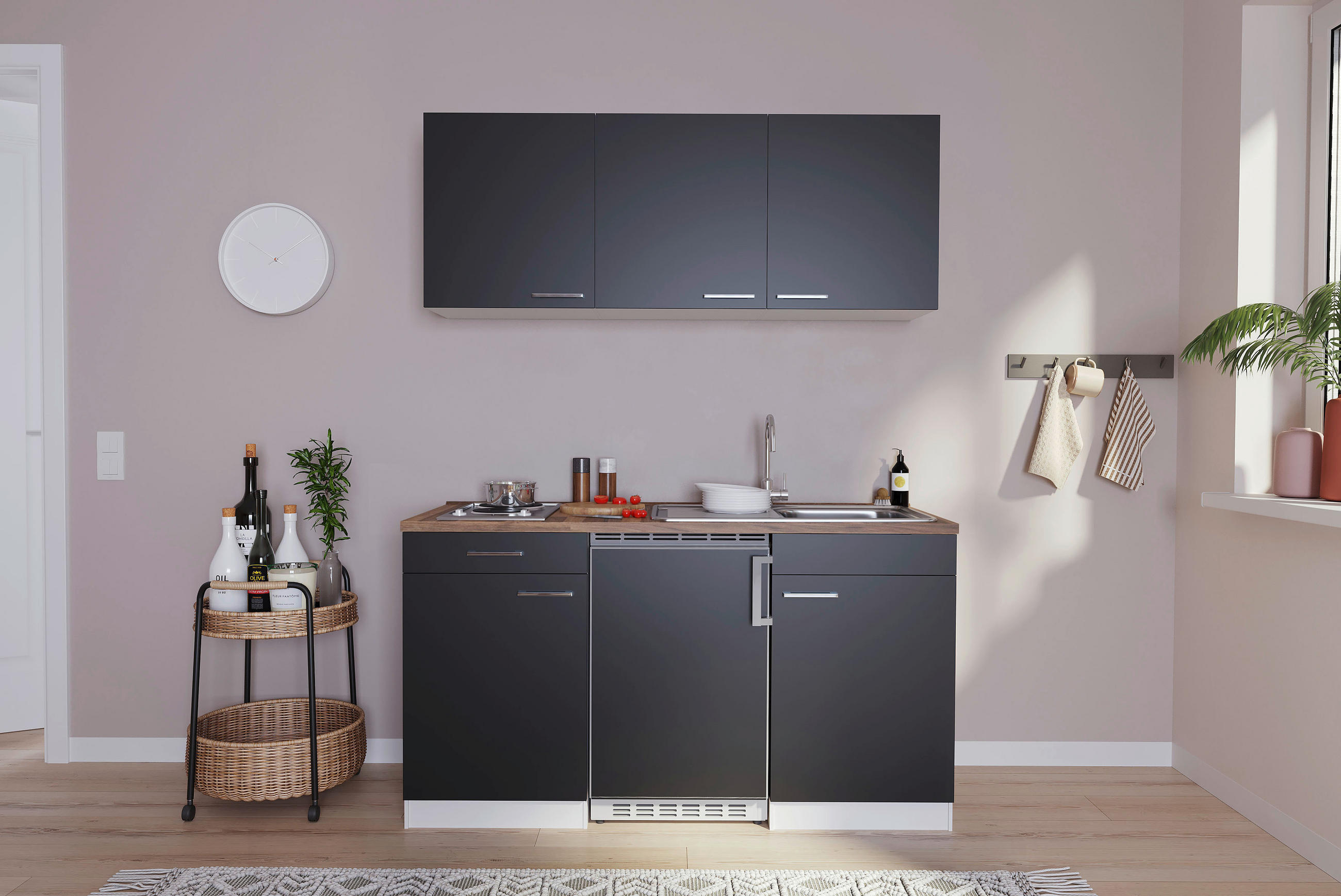 MINIKÜCHE 150 cm   in Schwarz  - Edelstahlfarben/Nussbaumfarben, Basics, Holzwerkstoff/Kunststoff (150cm) - Respekta