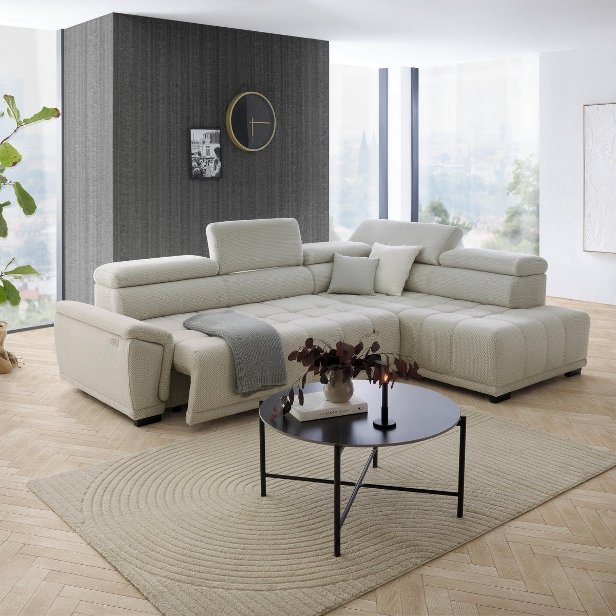 HÖRNSOFFA i chenille, vävt tyg gråvit  - gråvit/svart, Modern, textil/plast (283/106cm) - MID.YOU