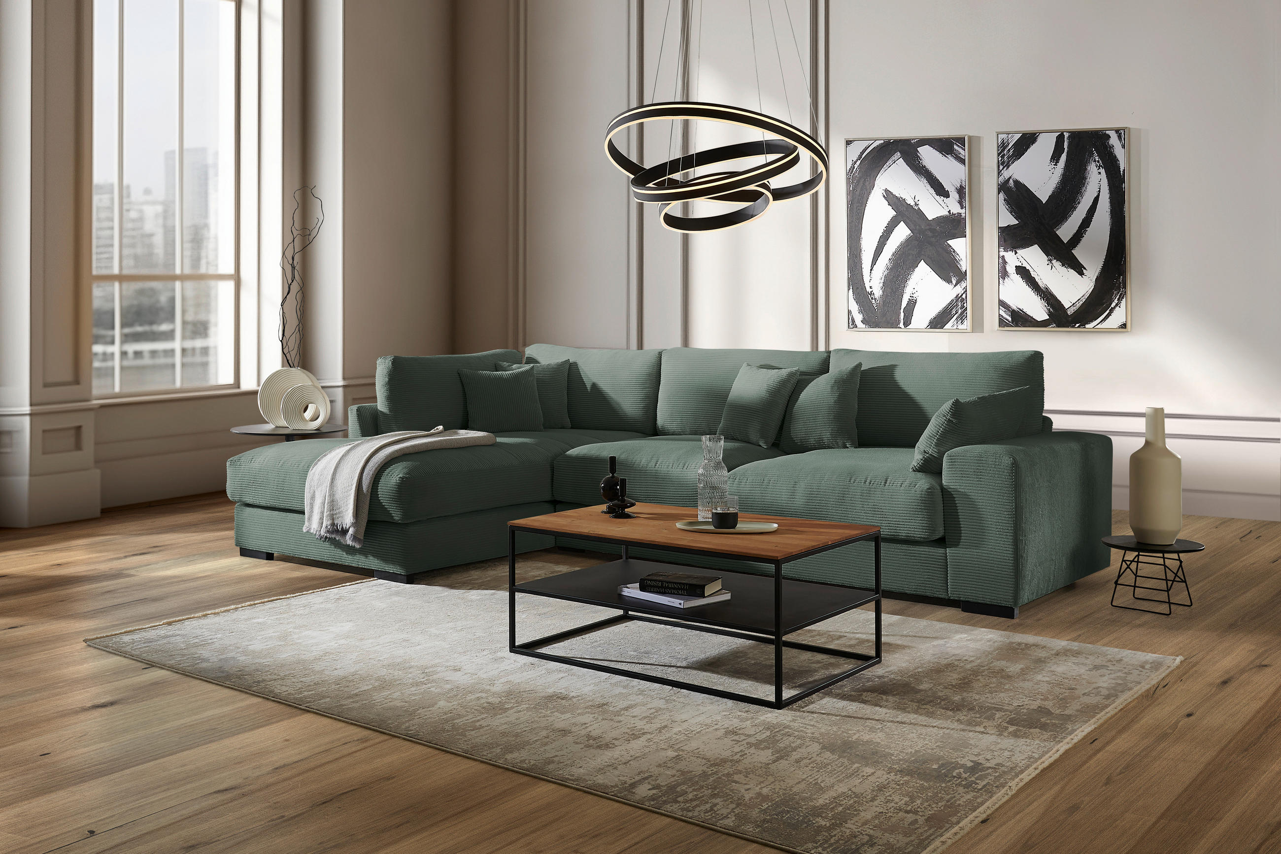 ECKSOFA in Cord Waldgrün  - Waldgrün/Schwarz, Design, Kunststoff/Textil (340/205cm) - Lomoco