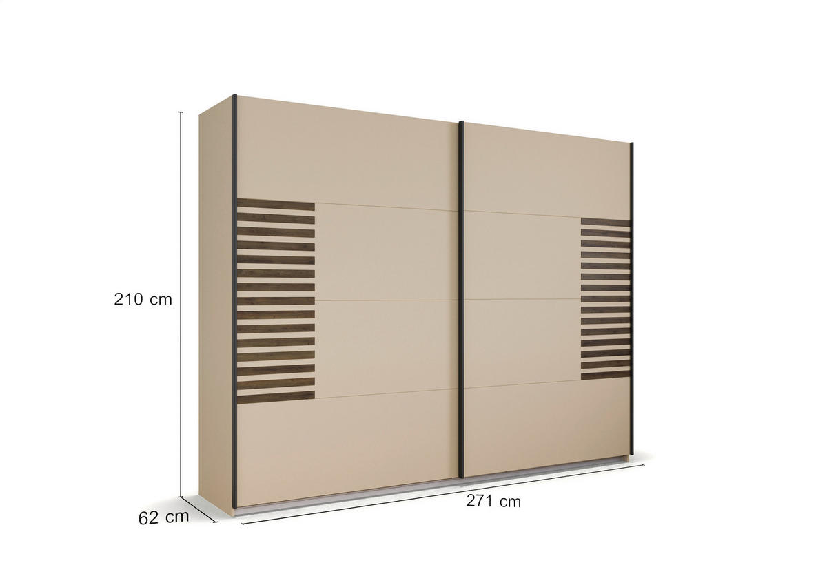 GARDEROB MED SKJUTDÖRRAR 271/210/62 cm 2-dörrar - mörk ek/champagne, Modern, metall/trämaterial (271/210/62cm) - Rauch Möbel