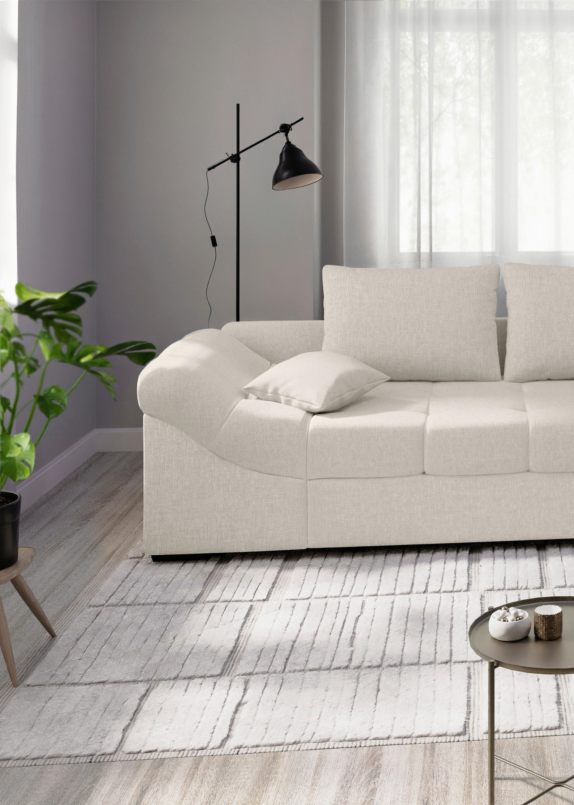 Thumbnail - Mid.you Eckschlafsofa Alvito, Weiß, Textil, Buche, Uni, 4-Sitzer, Füllung: Schaumstoff, 298x202 cm, Made in EU, Rücken e...