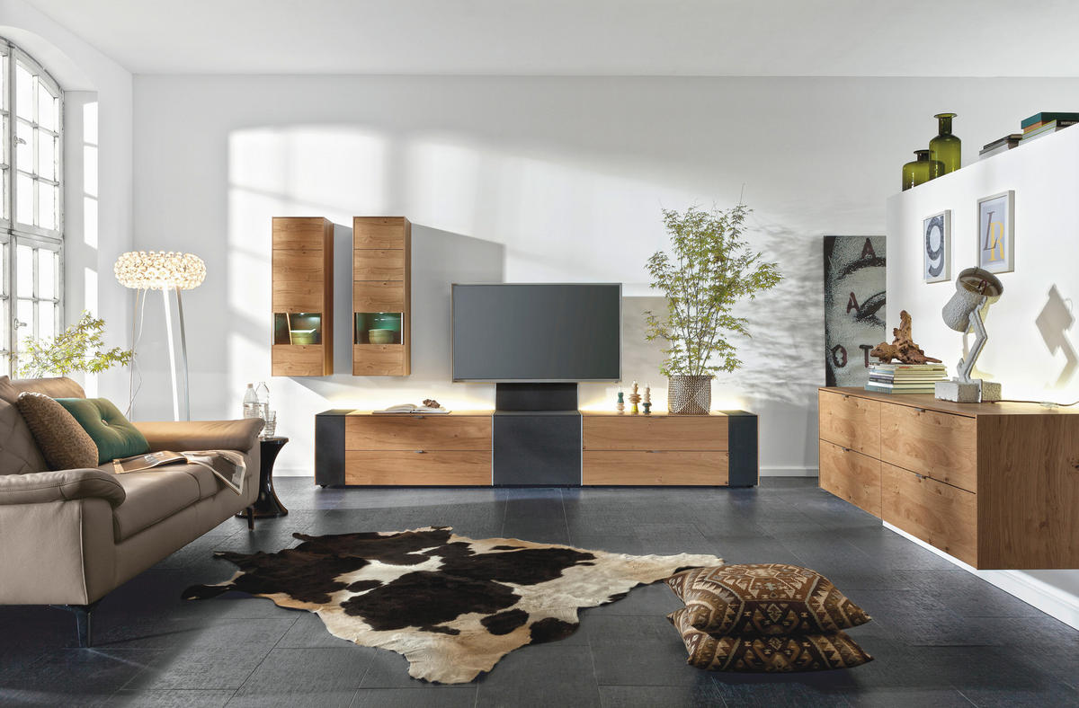 TV-ELEMENT Q-Media Holz, Textil Schwarz, Eichefarben  - Eichefarben/Alufarben, Design, Holz/Textil (303cm) - Musterring