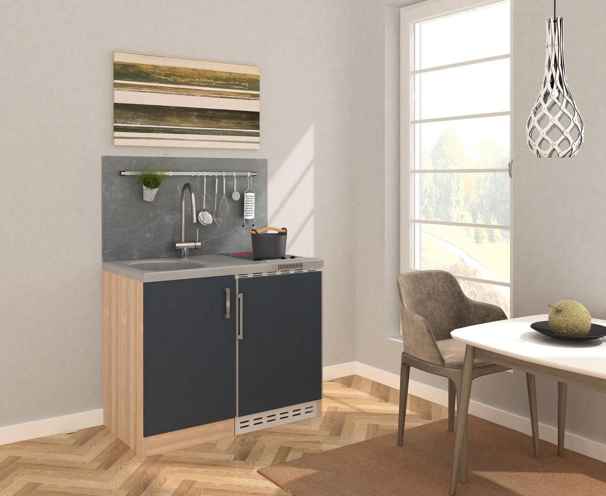 MINIKÜCHE 100 cm   in Grau, Eichefarben  - Edelstahlfarben/Eichefarben, Modern, Holzwerkstoff/Kunststoff (100cm) - Respekta