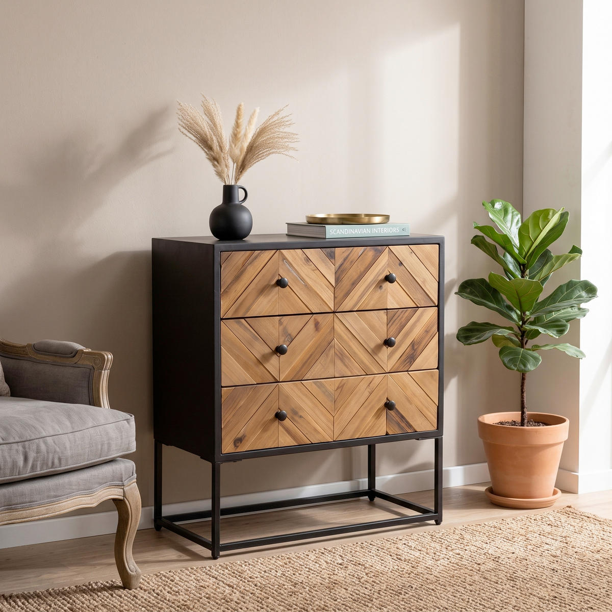 SIDEBOARD  63/70,5/32 cm 3 låda(or)  - brun/svart, Modern, metall/trä (63/70,5/32cm) - MID.YOU