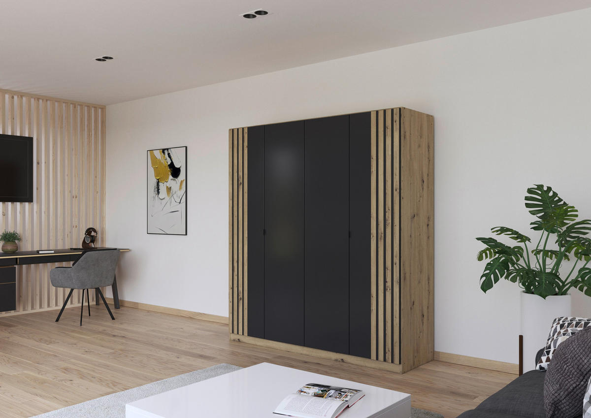 GARDEROB MED GÅNGJÄRNSDÖRRAR 181/197/54 cm 4-dörrar - grå/ek Artisan, Modern, metall/trämaterial (181/197/54cm) - Rauch Möbel