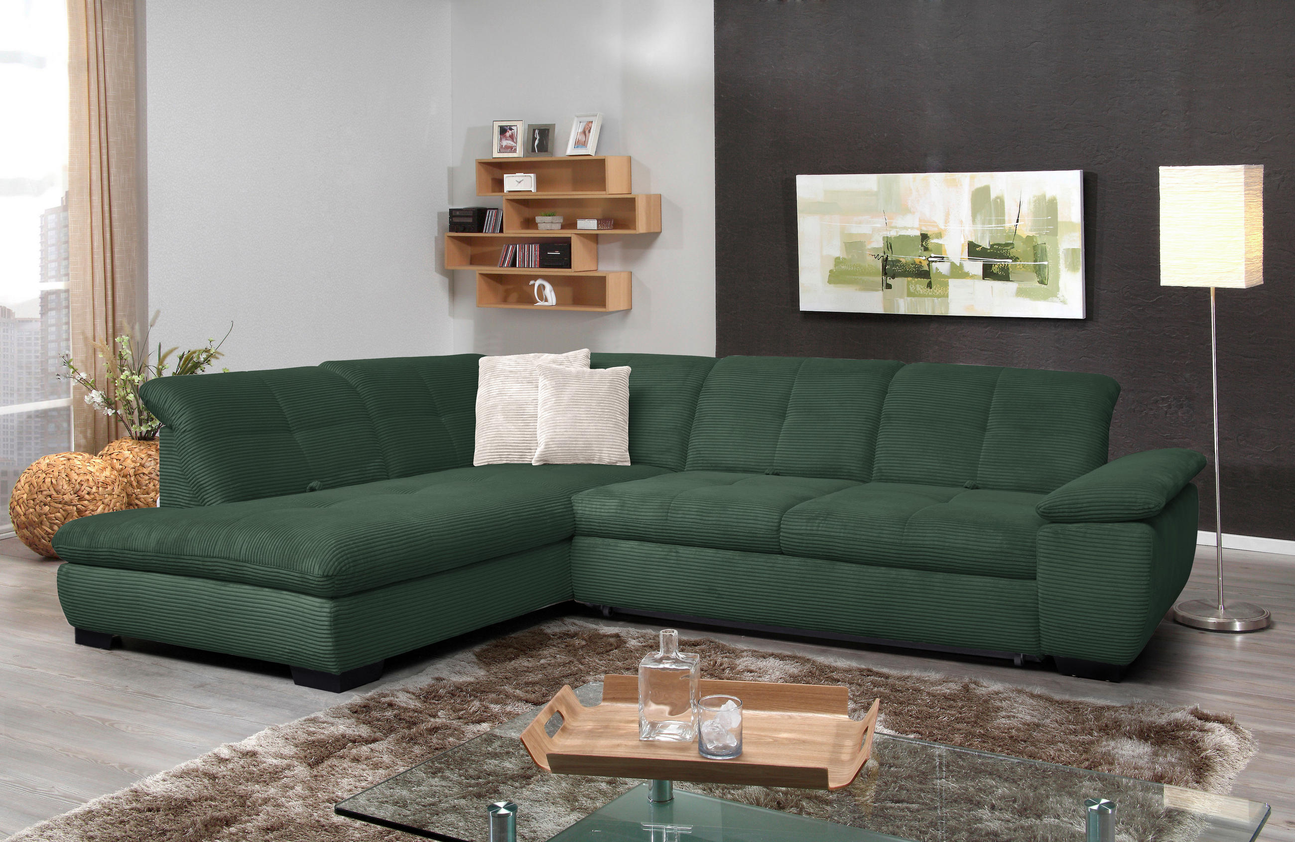 ECKSOFA in Cord Grün  - Schwarz/Grün, Design, Textil/Metall (242/313cm) - Xora