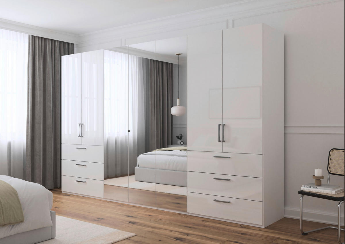 DREHTÜRENSCHRANK 350/235/61 cm,  in Weiß, Weiß Hochglanz, 7-türig  - Chromfarben/Edelstahlfarben, Basics, Glas/Holzwerkstoff (350/235/61cm) - Novel