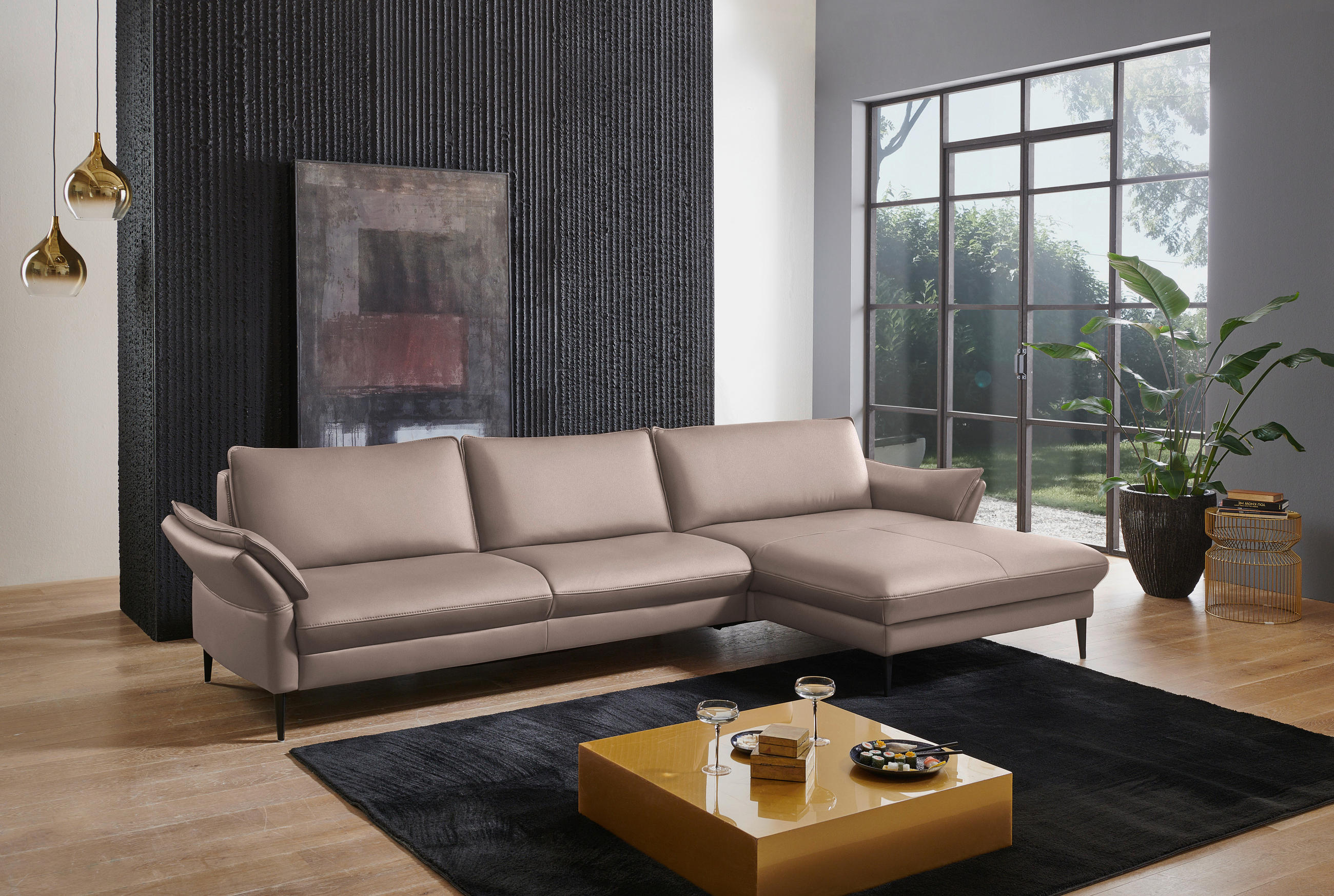 ECKSOFA in Echtleder Taupe  334/172 cm  - Taupe/Schwarz, Design, Leder/Metall (334/172cm) - Valdera