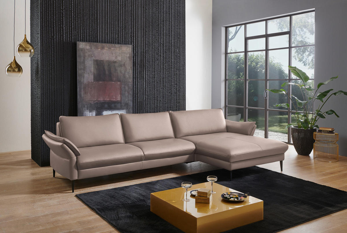 ECKSOFA in Echtleder Taupe  - Taupe/Schwarz, Design, Leder/Metall (334/172cm) - Valdera