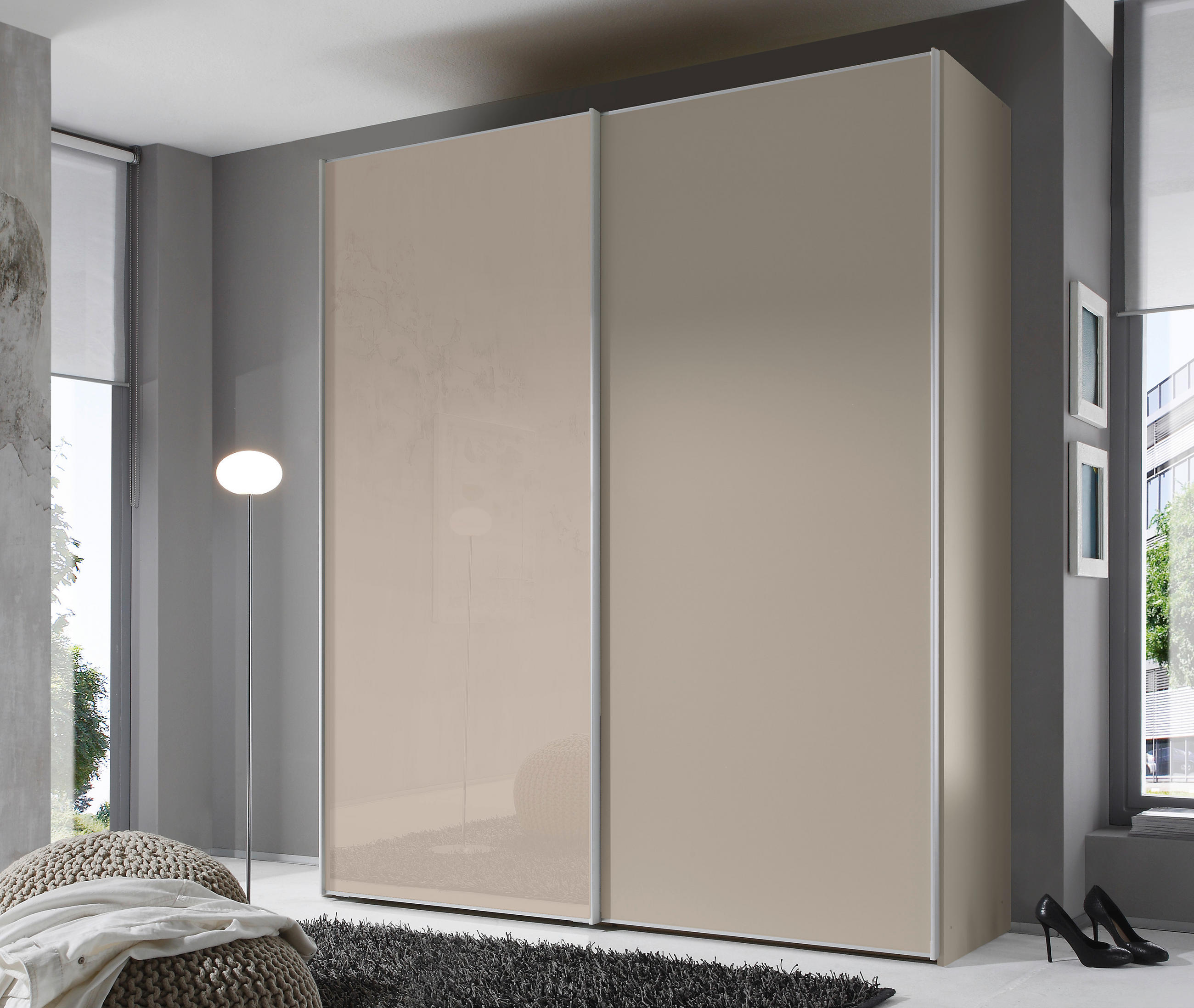 FÜGGESZTETT TOLÓAJTÓS SZEKRÉN homok  - alumíniumszínű/homok, Design, faalapú anyag/Üveg (225/240/68cm) - Moderano