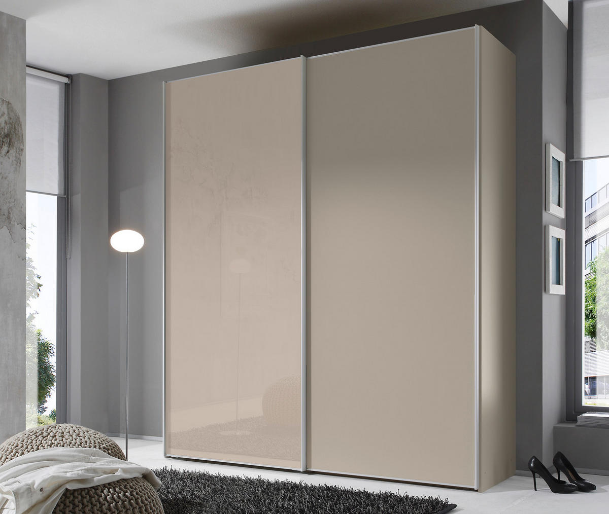 FÜGGESZTETT TOLÓAJTÓS SZEKRÉN homok  - alumíniumszínű/homok, Design, faalapú anyag/Üveg (225/240/68cm) - Moderano