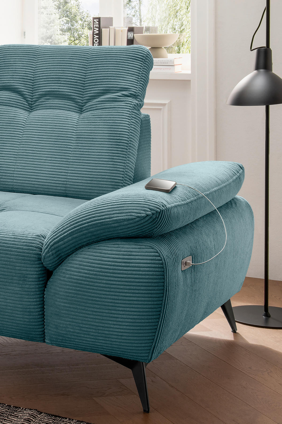 ECKSOFA FIORE in Cord Petrol Kopfteilverstellung, Sitzvorzug  180/280 cm  - Petrol/Schwarz, MODERN, Textil/Metall (180/280cm) - Livetastic