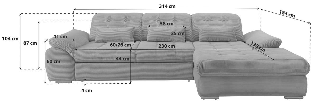 ECKSOFA in Cord Goldfarben  - Goldfarben/Schwarz, Modern, Textil/Metall (314/184cm) - Livetastic