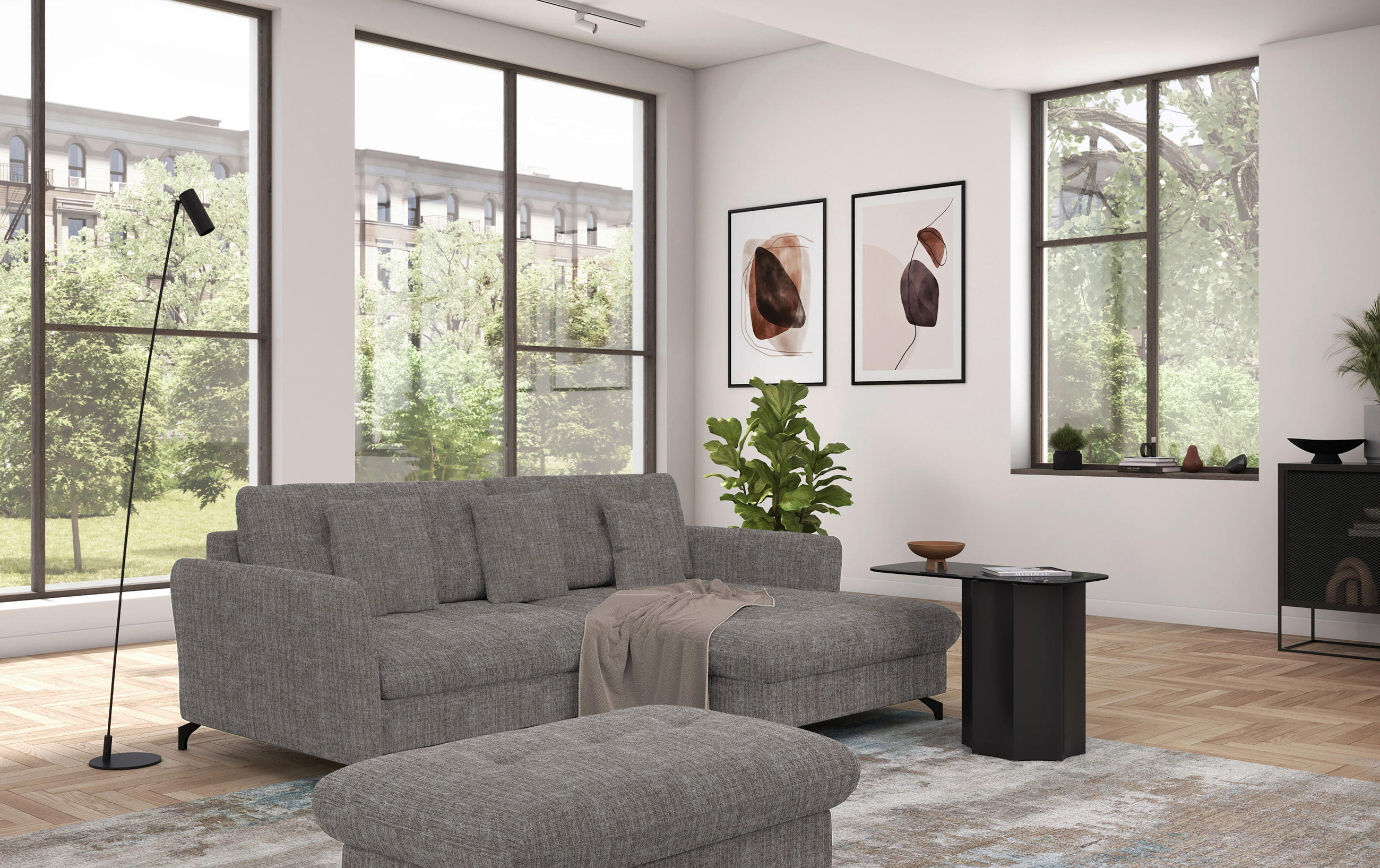 ECKSOFA in Flachgewebe, Leinenoptik Taupe - Taupe/Schwarz, Design, Textil/Metall (242/170cm) - Xora
