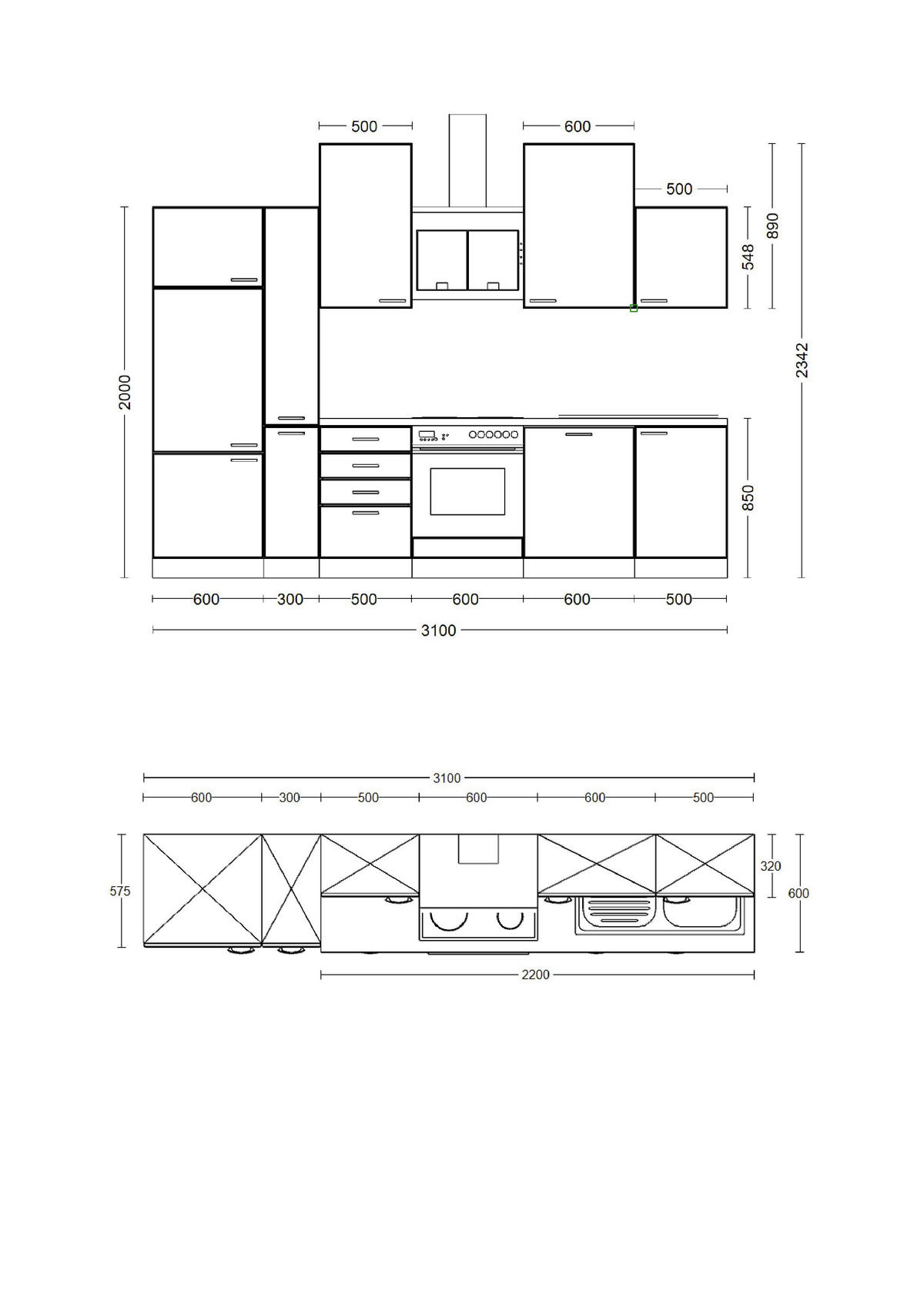 KÜCHENBLOCK 310 cm   in Grün, Eiche Artisan  - Schwarz/Eiche Artisan, MODERN, Holzwerkstoff/Metall (310cm) - FlexWell