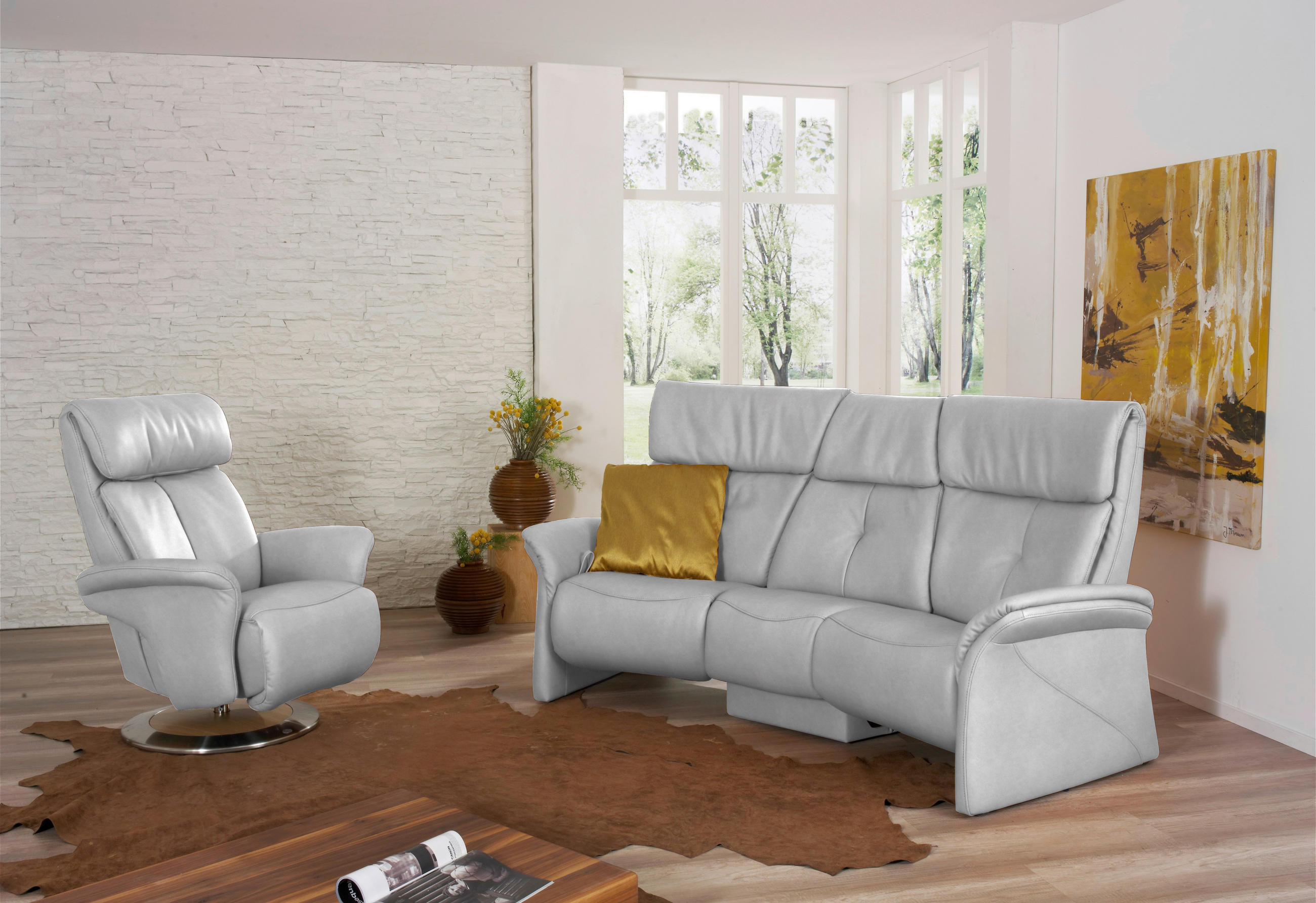 TRAPEZSOFA in Echtleder Hellgrau  - Hellgrau/Naturfarben, KONVENTIONELL, Leder/Holz (208/103/105cm) - Himolla Komfortklass