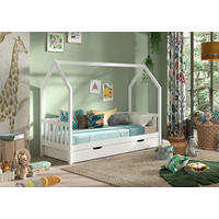 HAUSBETT 90/200 cm,  in Weiß, Rollrost, Bettschublade  - Weiß/Kieferfarben, Natur, Holz (90/200cm) - Vipack