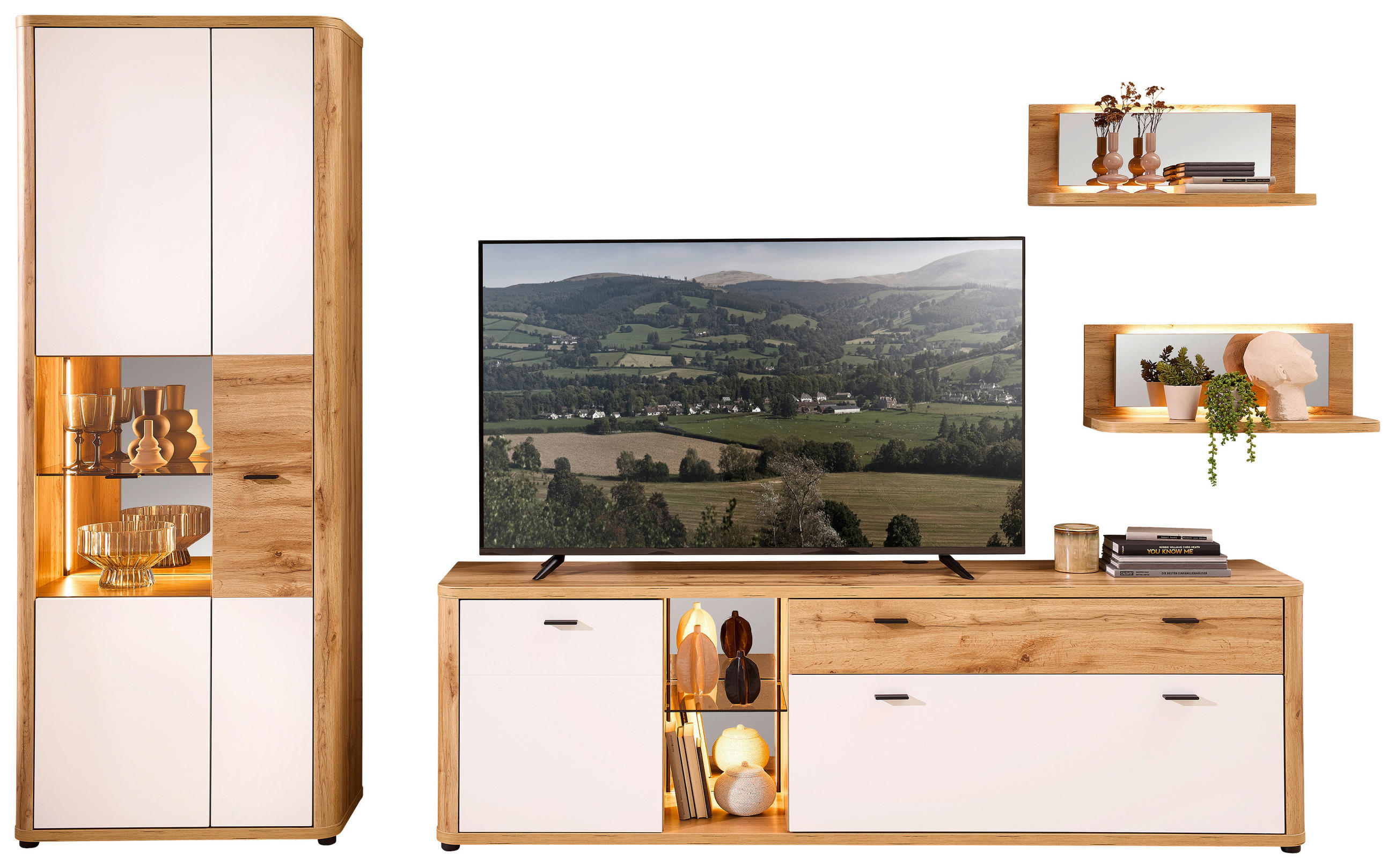 WOHNWAND 4-teilig  in Weiss, Eiche Wotan 335/204/45 cm  - Weiss/Anthrazit, Modern, Glas/Holzwerkstoff (335/204/45cm) - Stylife