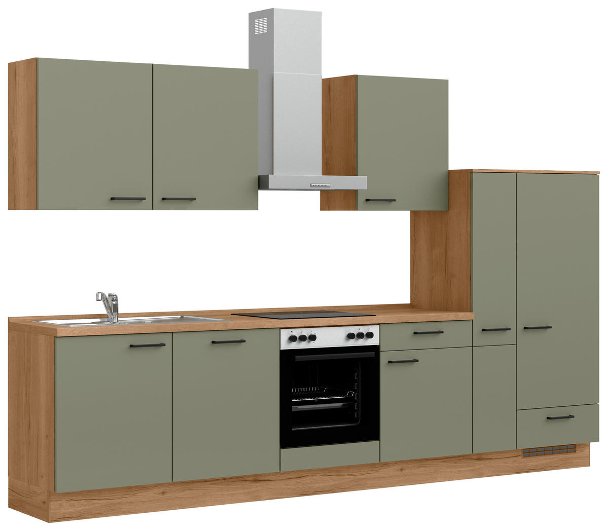 KÜCHENLEERBLOCK Senso 330 cm  in Eichefarben, Olivgrün  - Eichefarben/Schwarz, MODERN, Holzwerkstoff/Metall (330cm) - Nobilia