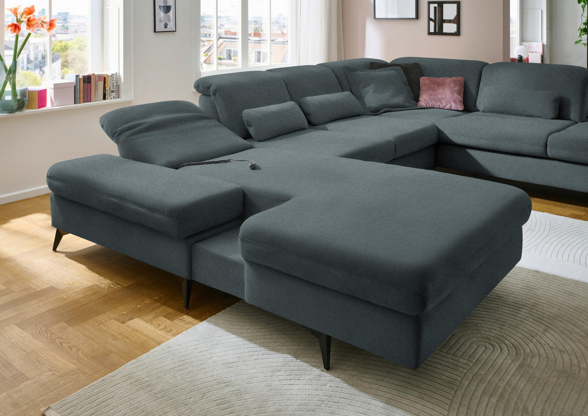 WOHNLANDSCHAFT  in Chenille Blau  - Blau/Schwarz, Design, Textil/Metall (198/364/255cm) - Beldomo Style