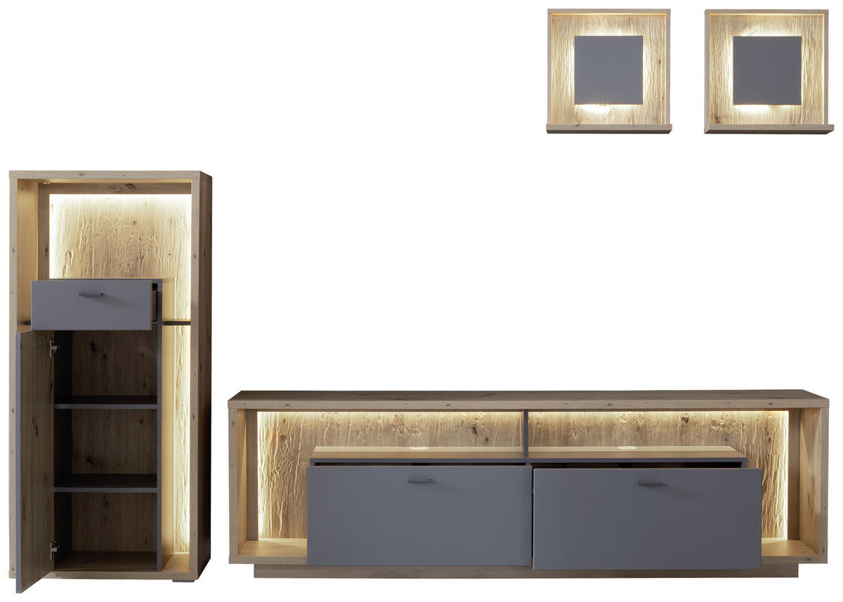 WOHNWAND  in Grau, Eichefarben  286/200/40 cm  - Eichefarben/Grau, Design, Holzwerkstoff/Metall (286/200/40cm) - MID.YOU