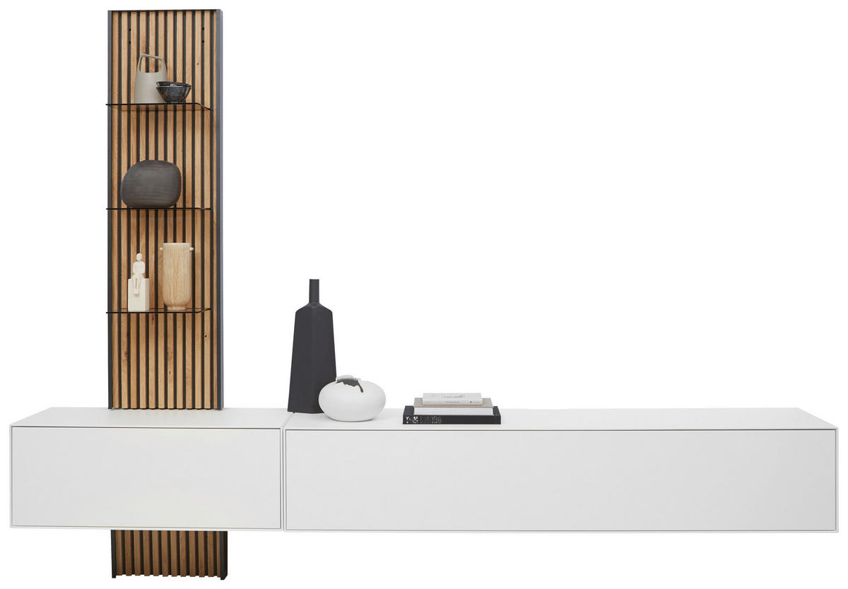 WOHNWAND  in Weiss, Eichefarben 288/220/44 cm  - Weiss/Eichefarben, Design, Glas/Holz (288/220/44cm) - Johann Jakob