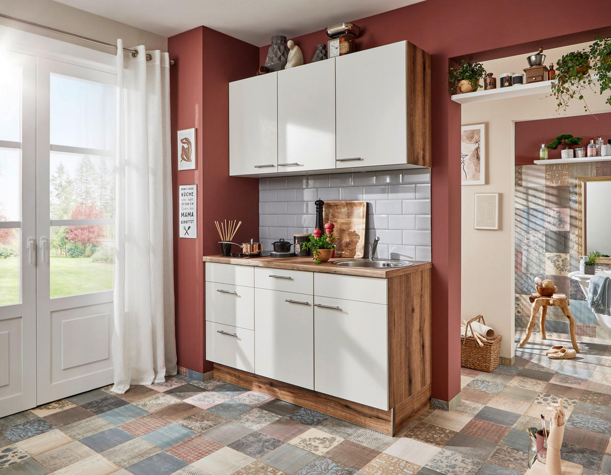 MINIKÜCHE 150 cm   in Magnolie  - Edelstahlfarben/Eichefarben, Design, Holzwerkstoff/Metall (150cm) - Pino