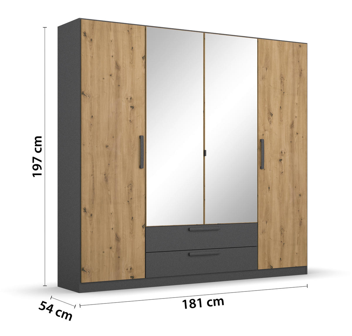 GARDEROB MED GÅNGJÄRN 181/197/54 cm 4-dörrar - ek Artisan/grå, Modern, trämaterial/plast (181/197/54cm) - Rauch Möbel