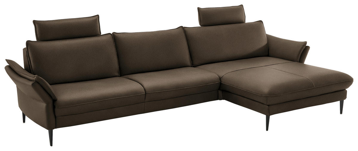 ECKSOFA in Echtleder Dunkelbraun  - Dunkelbraun/Schwarz, Design, Leder/Metall (334/172cm) - Hukla