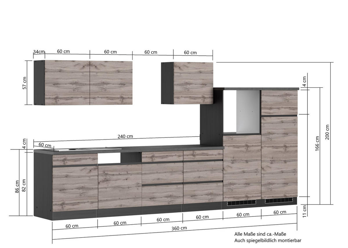 KÜCHENLEERBLOCK 360 cm   in Grau, Eiche Wotan  - Eiche Wotan/Grau, Design, Holzwerkstoff (360cm) - Held