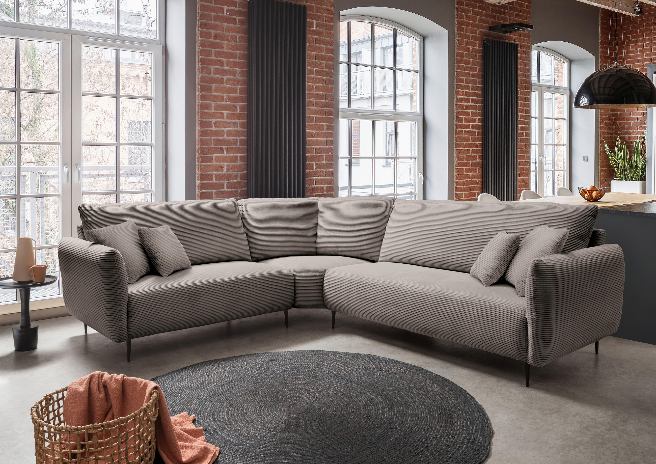 ECKSOFA in Cord Graubraun  - Graubraun/Schwarz, Design, Textil/Metall (256/294cm) - Livetastic