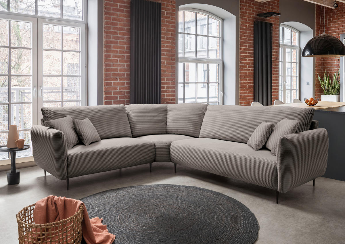 ECKSOFA Graubraun Cord  - Graubraun/Schwarz, Design, Textil/Metall (256/294cm) - Livetastic