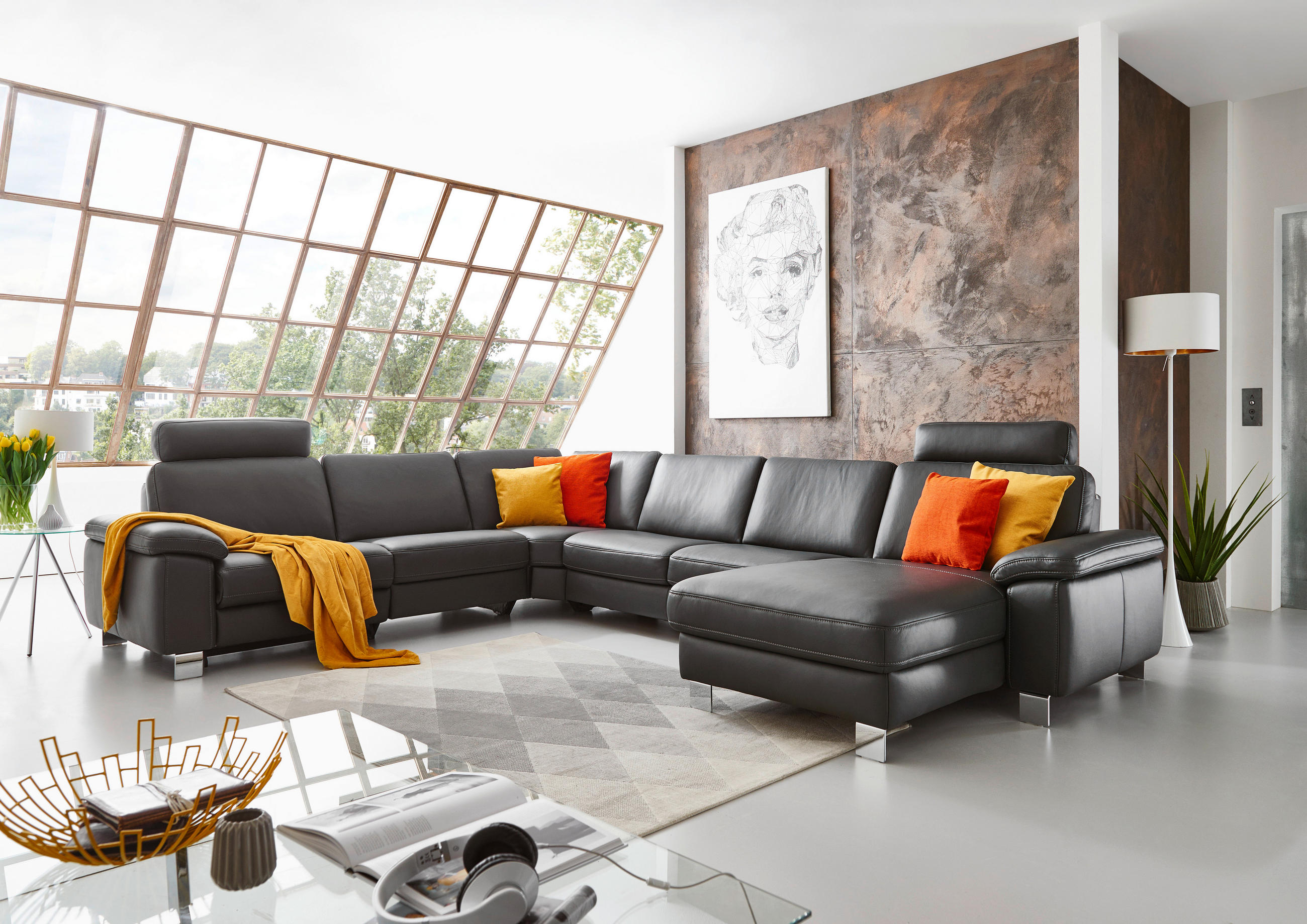 WOHNLANDSCHAFT in Echtleder Schwarz  - Chromfarben/Schwarz, Design, Leder/Metall (364/272cm) - Valdera