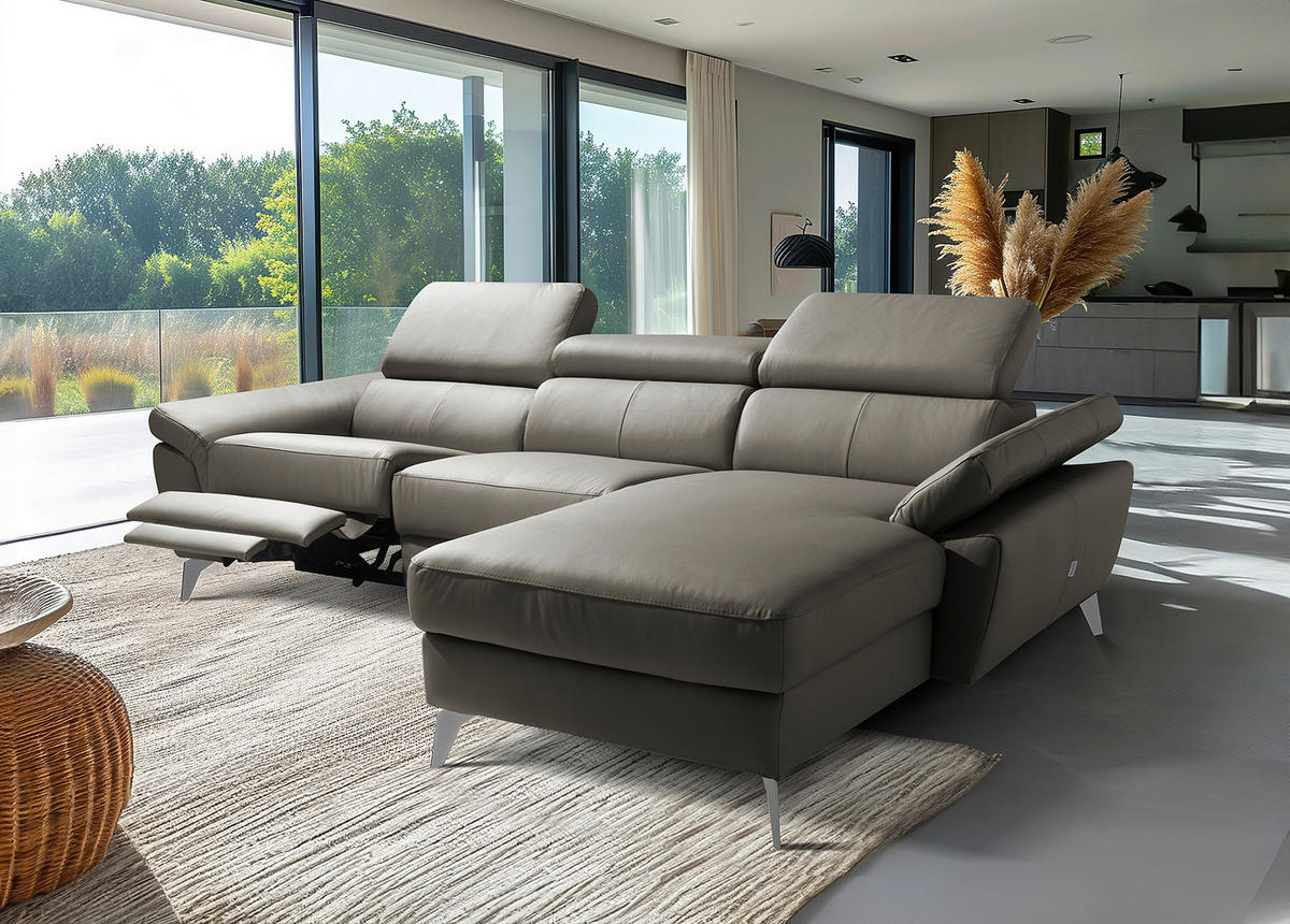 ECKSOFA Lederlook Echtleder Schlammfarben  - Chromfarben/Schlammfarben, Design, Leder/Textil (252/179cm) - Livetastic