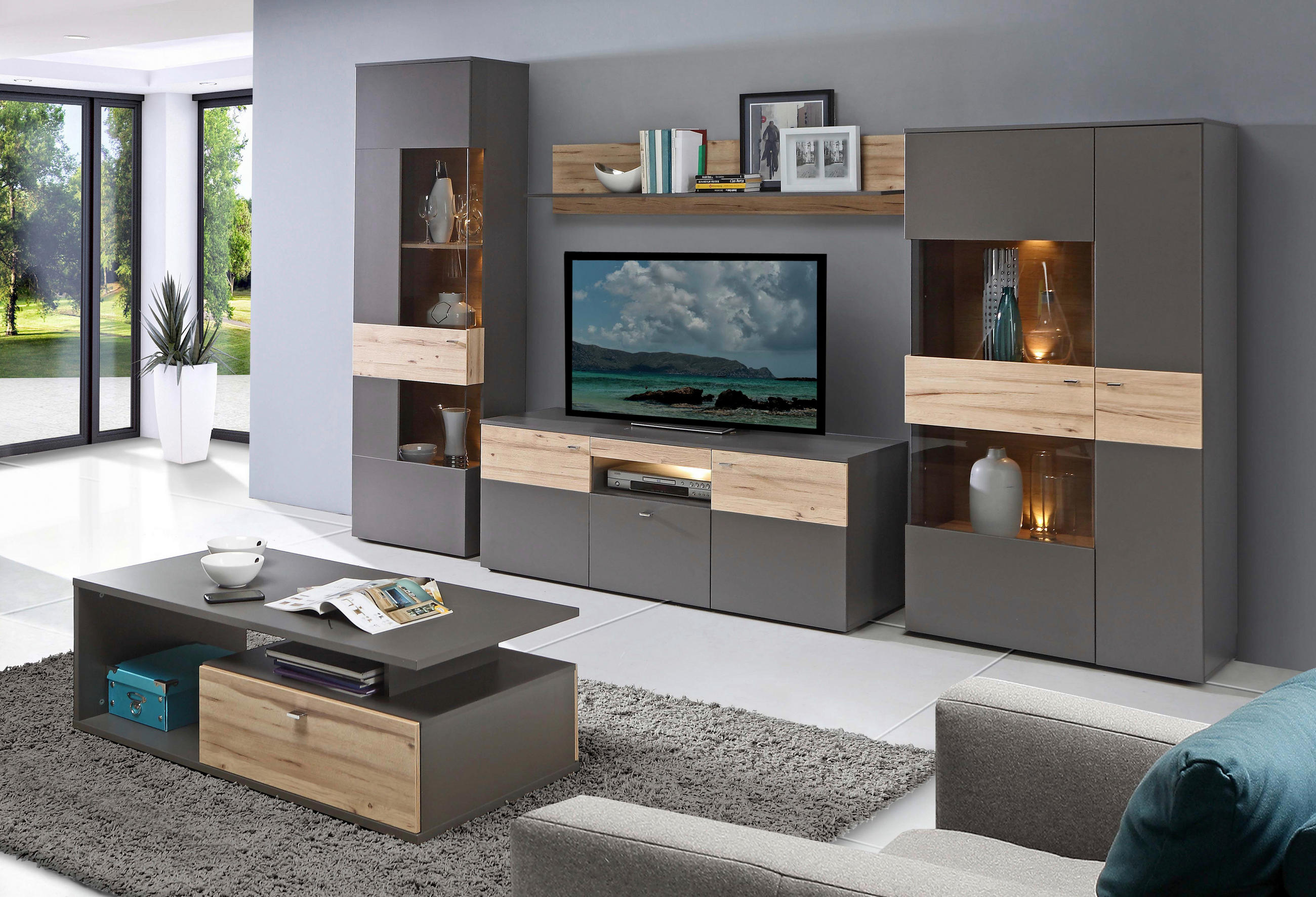 WOHNWAND  in Grau, Eichefarben  319/203/52 cm  - Chromfarben/Eichefarben, Basics, Glas/Holzwerkstoff (319/203/52cm) - MID.YOU