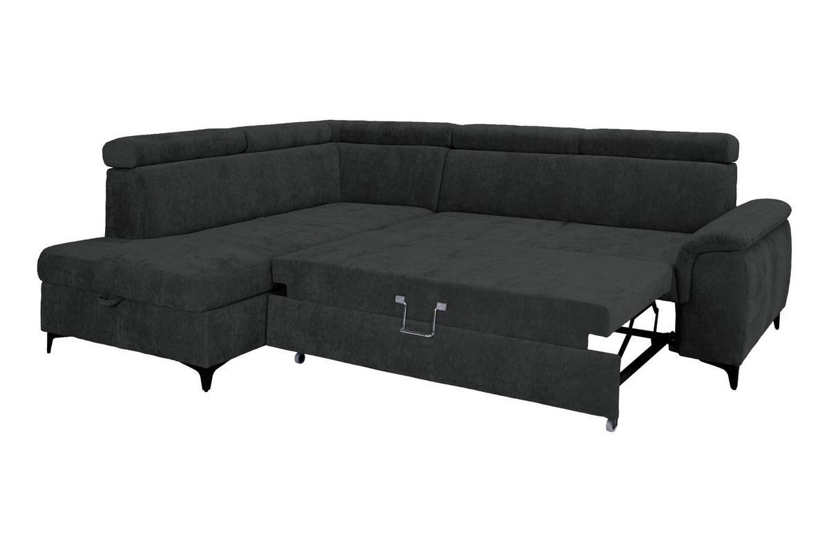 ECKSOFA Schwarz Chenille Bettkasten, Schlaffunktion, Rücken echt, Kopfteilverstellung, Liegefläche im Originalstoff  - Schwarz, KONVENTIONELL, Textil/Metall (206/265cm) - Carryhome