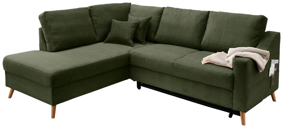 ECKSOFA in Cord Dunkelgrün  - Dunkelgrün/Naturfarben, Modern, Holz/Textil (200/230cm) - Livetastic