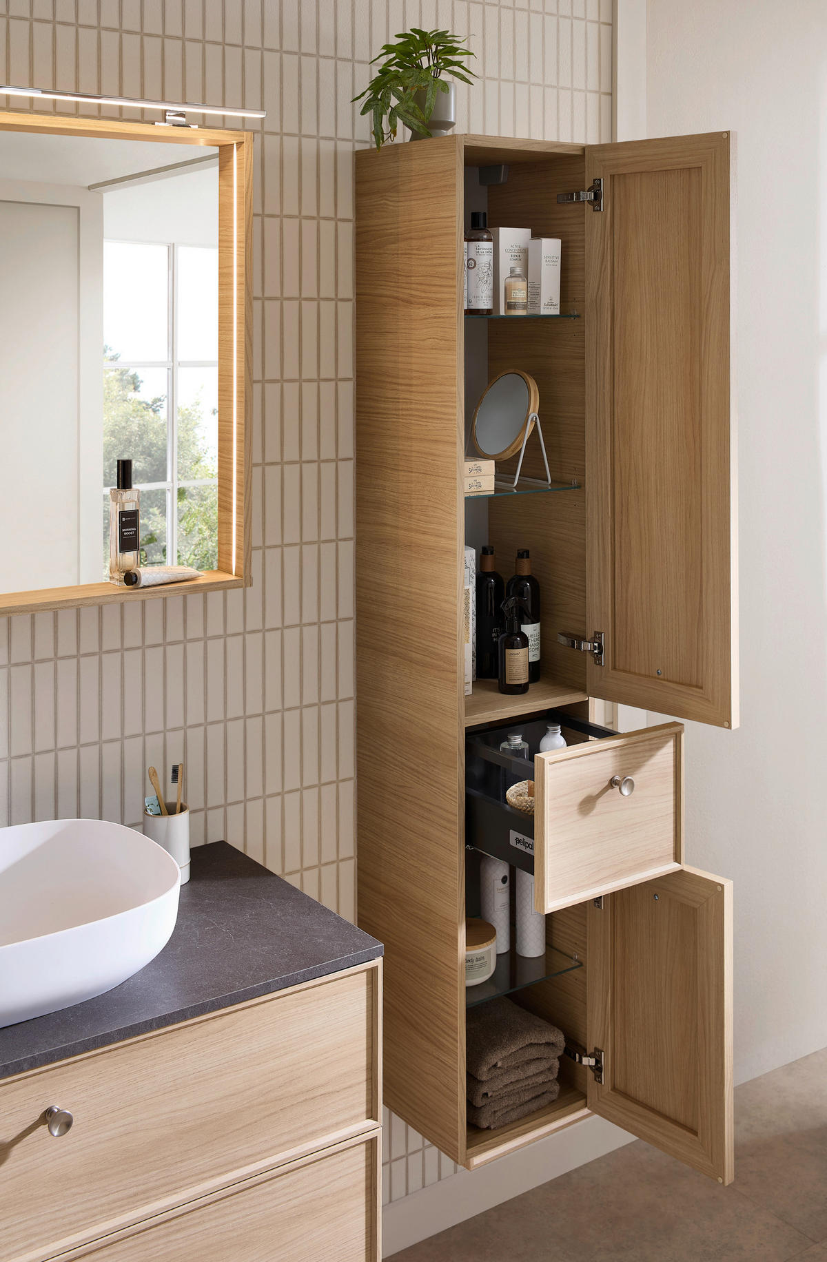 HOCHSCHRANK 30/168/33 cm  - Edelstahlfarben/Eichefarben, MODERN, Glas/Holzwerkstoff (30/168/33cm) - Sadena