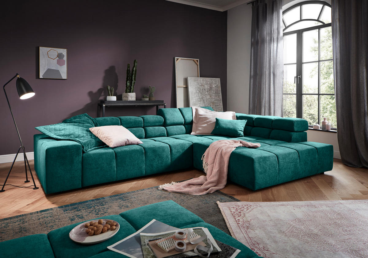ECKSOFA in Velours Petrol  - Petrol/Schwarz, Design, Kunststoff/Textil (317/213cm) - Hom`in