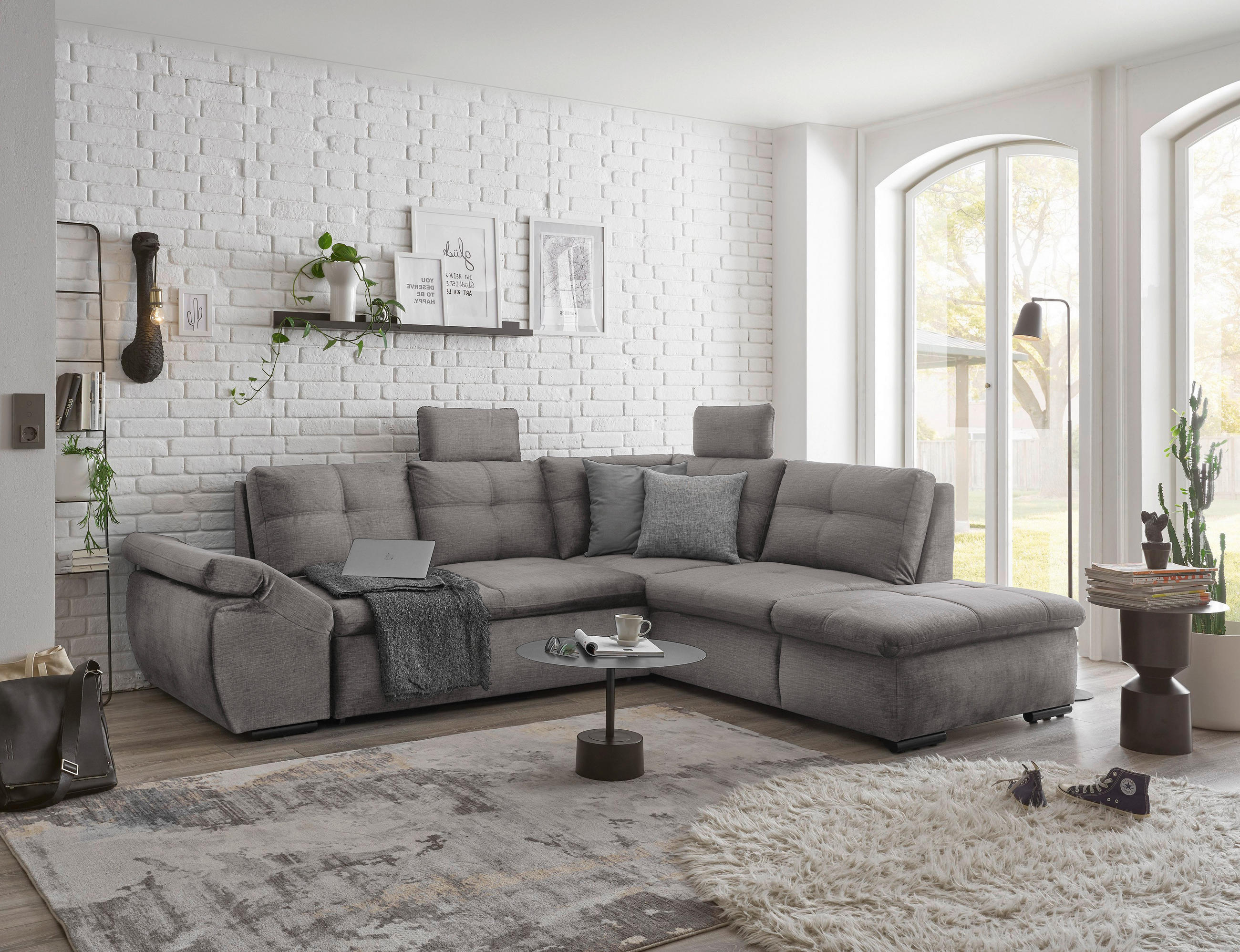 ECKSOFA in Mikrovelours Hellgrau  - Hellgrau/Schwarz, KONVENTIONELL, Kunststoff/Textil (265/217cm) - Carryhome
