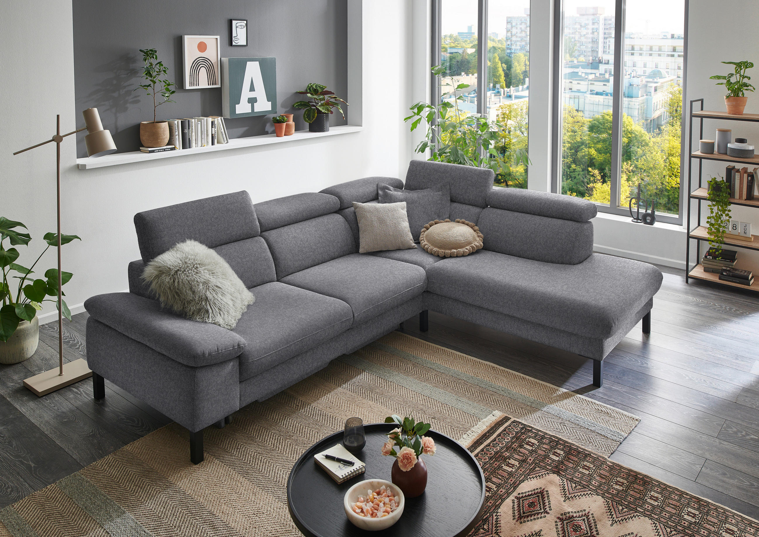 ECKSOFA in Flachgewebe Grau  - Schwarz/Grau, Design, Holzwerkstoff/Textil (272/217cm) - Pure Home Comfort