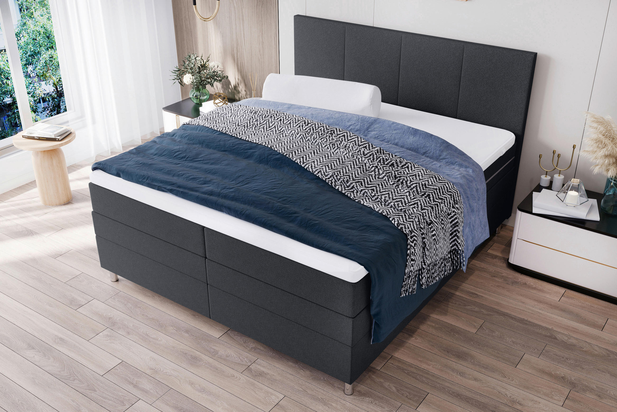 BOXSPRINGBETT 160/200 cm  in Anthrazit  - Chromfarben/Anthrazit, KONVENTIONELL, Kunststoff/Textil (160/200cm) - Boxxx