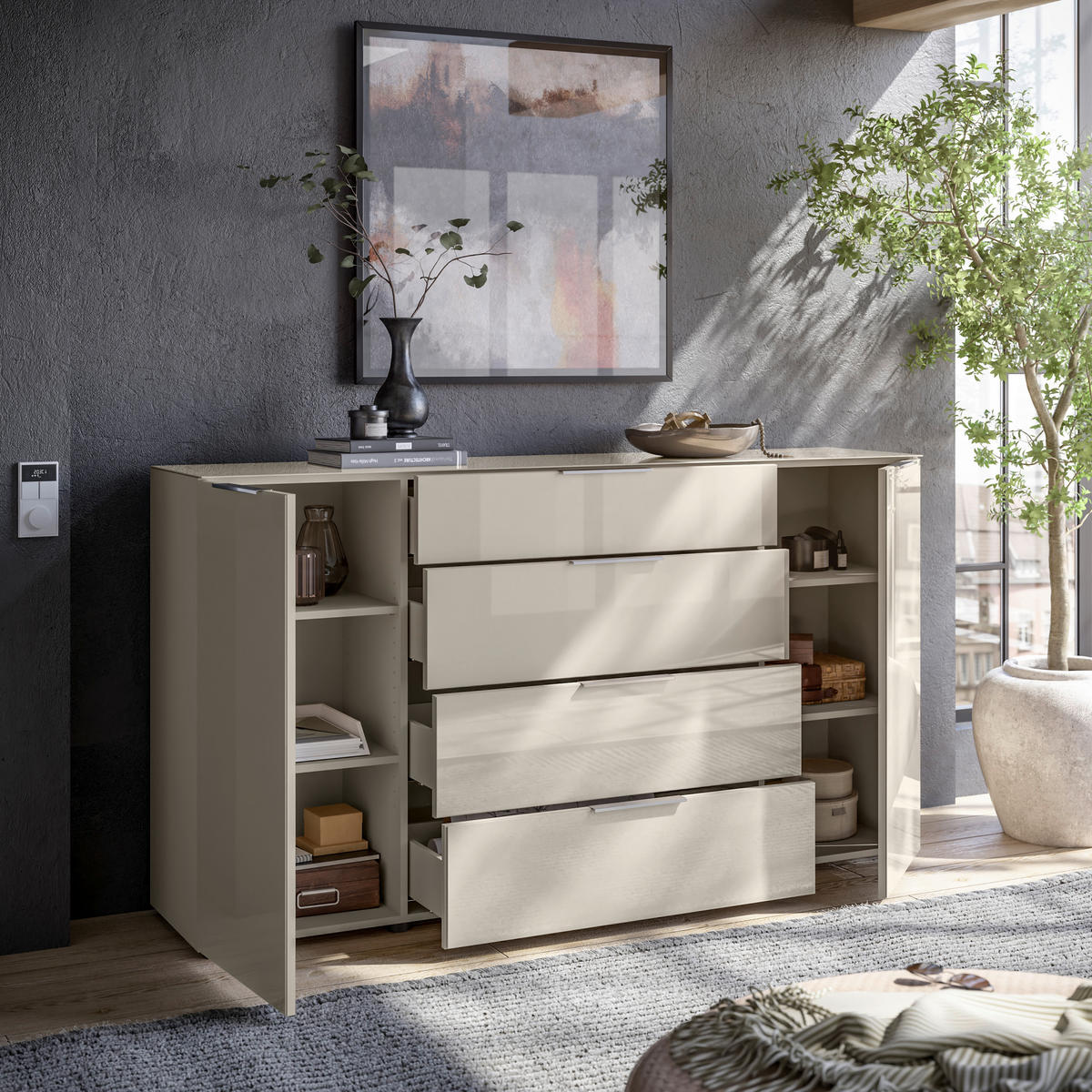 KOMODA,  - Moderno, steklo/leseni material (180/99/40cm) - MID.YOU