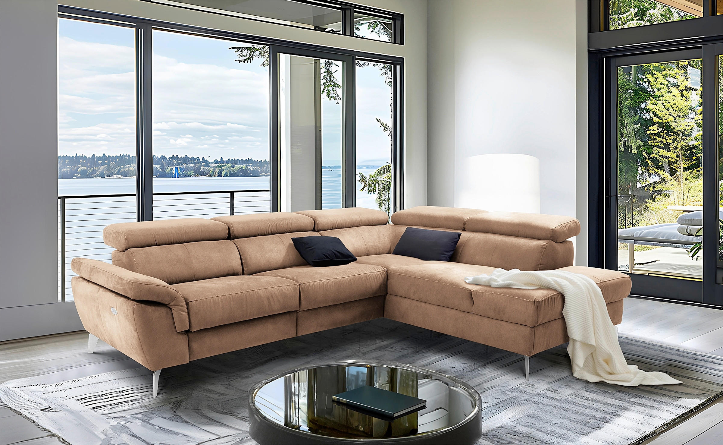 ECKSOFA Lederlook Hellbraun  - Chromfarben/Hellbraun, Design, Textil/Metall (265/210cm) - Livetastic